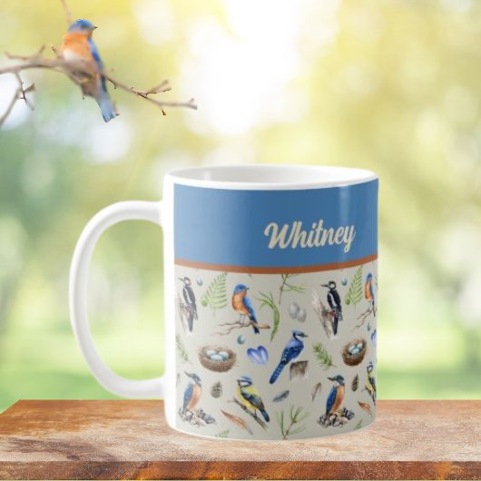 カワセミ、ルリカケス、キツツキの鳥パターン名入り コーヒーマグカップ