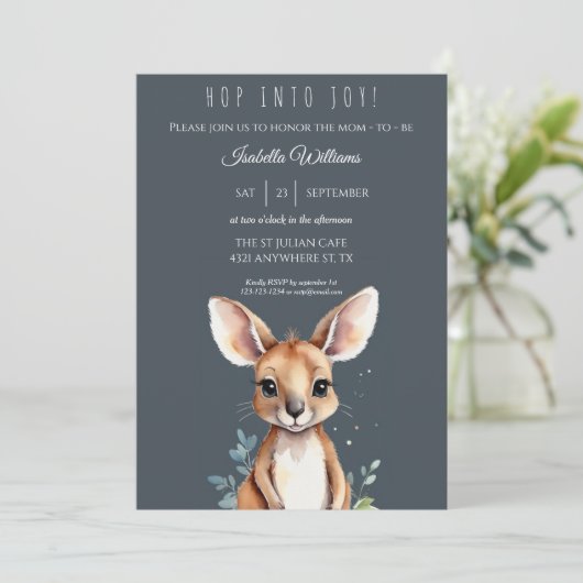 カンガルーかわいい水の色エレガント赤ちゃんシャワー 招待状 (スタンド正面)
