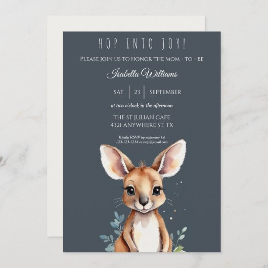 カンガルーかわいい水の色エレガント赤ちゃんシャワー 招待状 (正面/裏面)