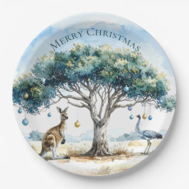 カンガルーとエミューがクリスマスツリーの下 ペーパープレート