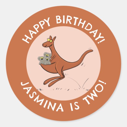 カンガルーとコアラパーソナライズされたスの誕生日 ラウンドシール (正面)