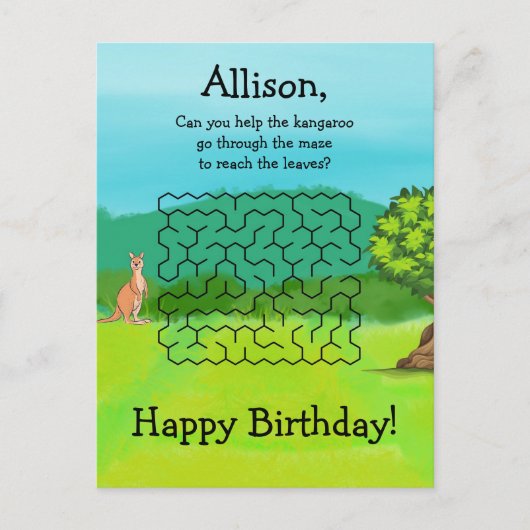 カンガルーと葉迷路誕生日はがき ポストカード (正面)
