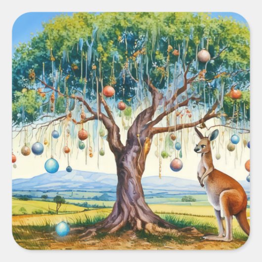カンガルーの下にクリスマスバウブルとガムツリー スクエアシール (正面)