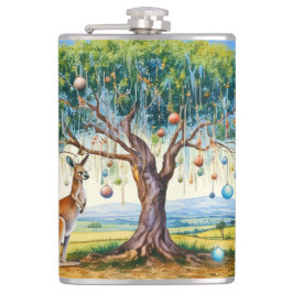 カンガルーの下にクリスマスバウブルとガムツリー フラスク