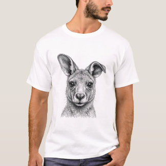 カンガルーの赤ちゃん グラフィックTシャツ 黒白イラスト Tシャツ