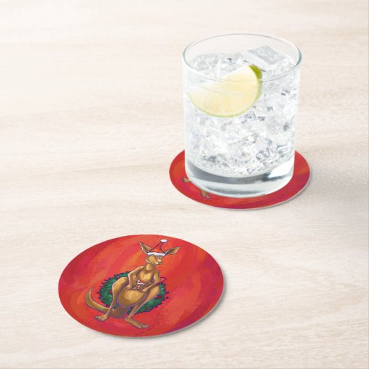 カンガルークリスマスオンレッド ラウンドペーパーコースター (インサイチュ)