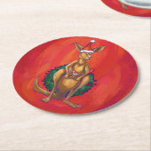 カンガルークリスマスオンレッド ラウンドペーパーコースター (アングル)
