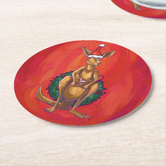 カンガルークリスマスオンレッド ラウンドペーパーコースター (アングル)