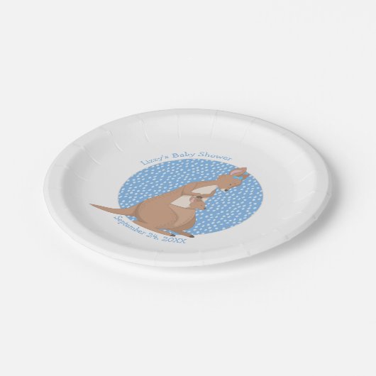 カンガルー赤ちゃんシャワータンとブルーパターン ペーパープレート (アングル)