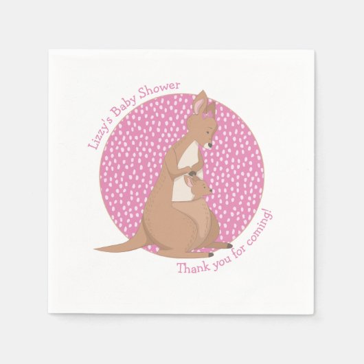 カンガルーJoeyガールピンクと茶色の赤ちゃんシャワー スタンダードカクテルナプキン (正面)
