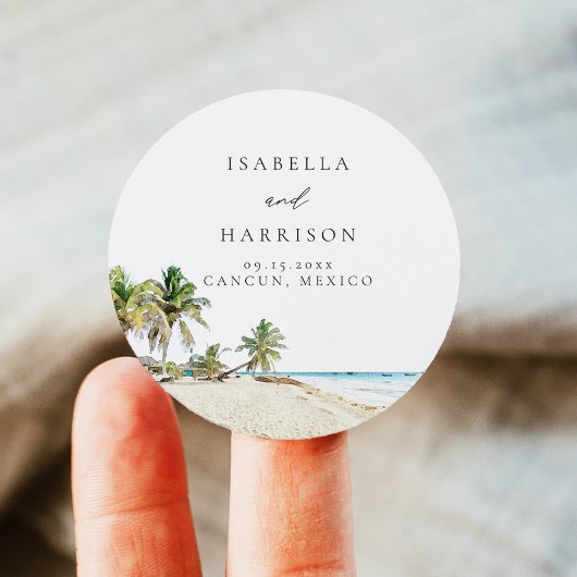 カンクンウォーターカラービーチパームツリーデスティネーション ラウンドシール