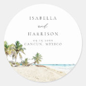 カンクンウォーターカラービーチパームツリーデスティネーション ラウンドシール (正面)