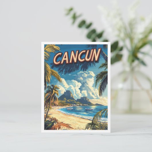 カンクンビーチメキシコヴィンテージイラストレーション旅行 ポストカード (スタンド正面)
