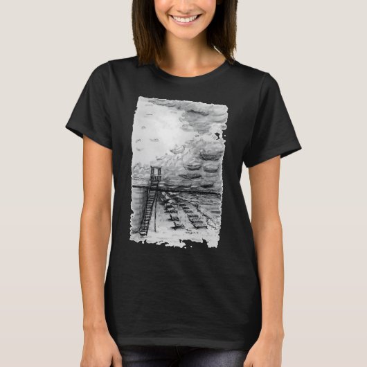 カンクンビーチ曇り黒白 Tシャツ (正面)