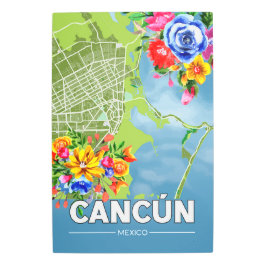 カンクンメキシコの地図と水彩の地元の花 メタルプリント