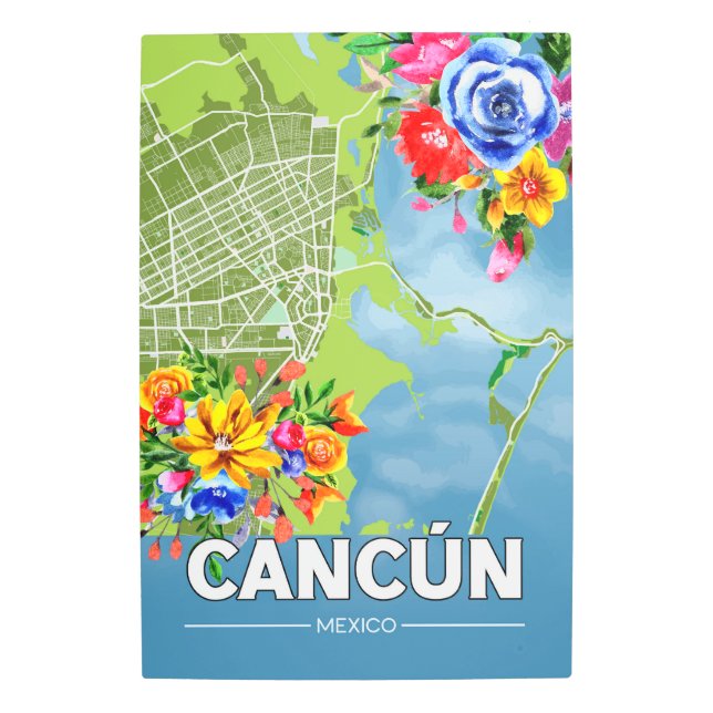 カンクンメキシコの地図と水彩の地元の花 メタルプリント (正面)