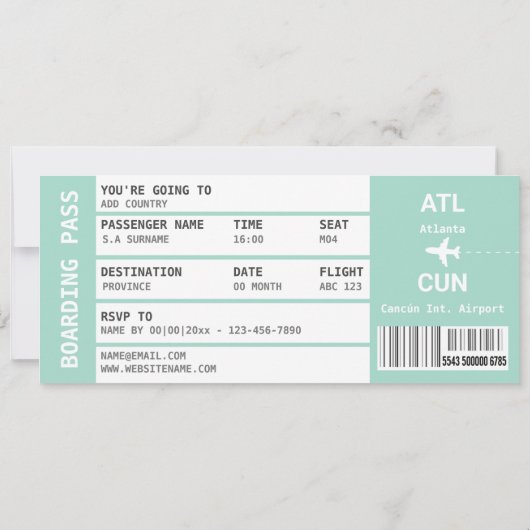 カンクンメキシコ飛行機の搭乗パス週末 招待状 (裏面)