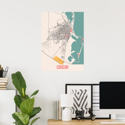 カンクン – メキシコチョークシティの地図 ポスター (ホームオフィス)