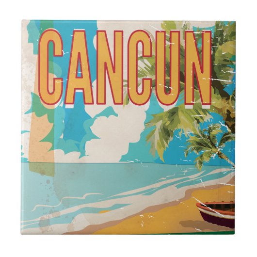 カンクン メキシコ ビーチ ヴィンテージ 旅行ポスター 印刷 タイル (正面)