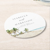 カンクン 水彩画 ビーチ パームツリー デスティネーション ラウンドペーパーコースター (アングル)