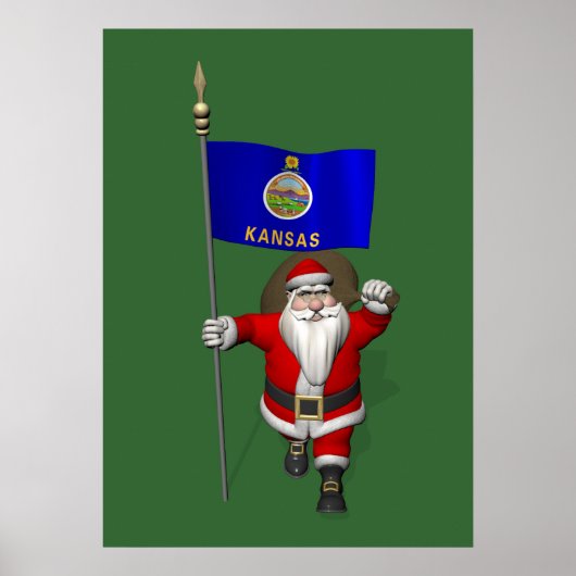 カンザスの旗を持つサンタクロース ポスター (正面)