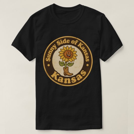カンザスの陽気な一面_ブーツを履いたひまわりのアート Tシャツ (デザイン正面)