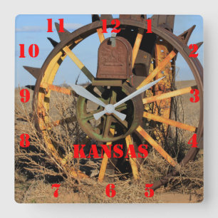 カンザスアンティークトラクタタイヤ正方時計 スクエア壁時計