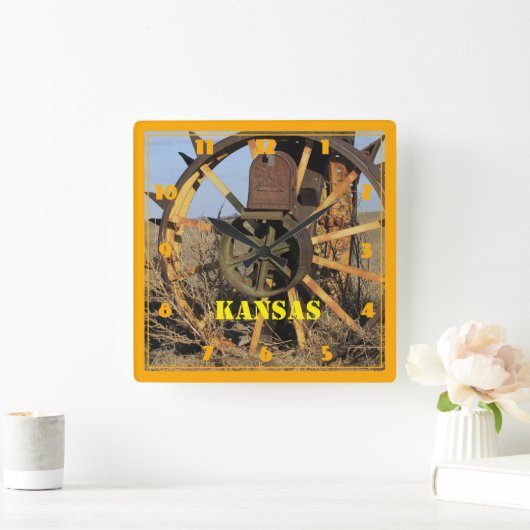 カンザスアンティークトラクタータイヤ スクエア壁時計 (ホーム)