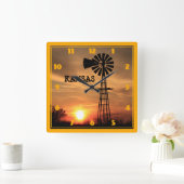 カンザスウィンドミルシルエットサンセット スクエア壁時計 (ホーム)