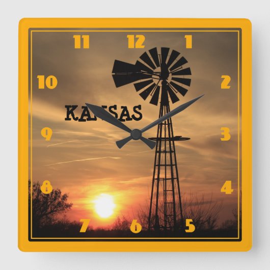 カンザスウィンドミルシルエットサンセット スクエア壁時計 (正面)