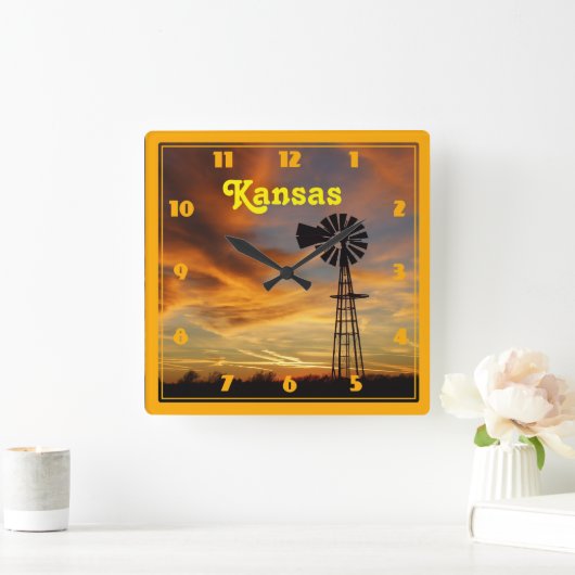 カンザスウィンドミルシルエットサンセット スクエア壁時計 (ホーム)