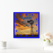 カンザスウィンドミルシルエットサンセット スクエア壁時計 (ホーム)