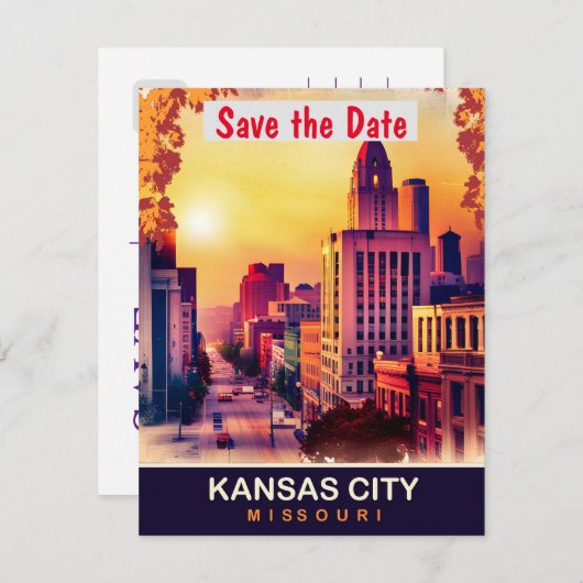 カンザスシティのダウンタウン、旅行ポストカード セーブザデート (正面/裏面)