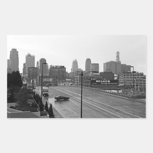 カンザスシティアーバンスカイライン、モノクロ写真 長方形シール (正面)