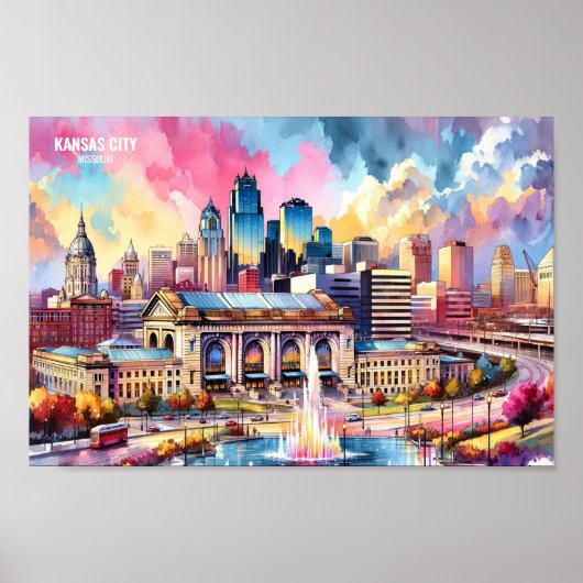 カンザスシティミズーリUSAトラベルプレースウォーター色 ポスター (正面)