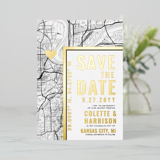 カンザスシティラブロケーター |結婚式の日付の保存 箔招待状 (立ち正面)