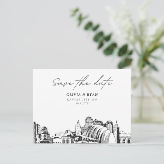 カンザスシティー日付ポストカードエレガントな結婚式を保存 ポストカード (スタンド正面)