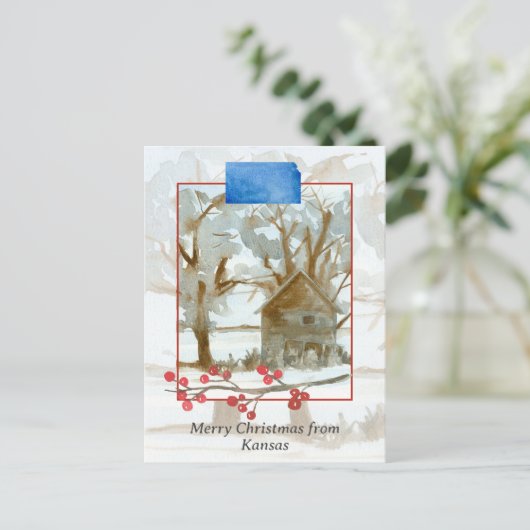 カンザス冬のキャビン風景からのメリークリスマス ポストカード (スタンド正面)