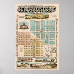 カンザス地図(1870年)旧ジャンクションシティヴィンテージKS ポスター