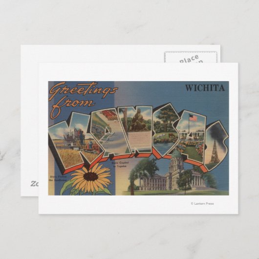 カンザス州ウィチタ – 大きな文字のシーン ポストカード (正面/裏面)