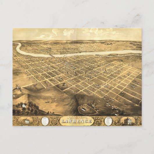 カンザス州ローレンスの鳥瞰図(1869) ポストカード (正面)