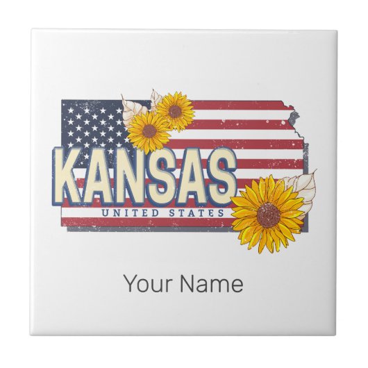 カンザス統一された州レトロ州マップヴィンテージUSA タイル (正面)