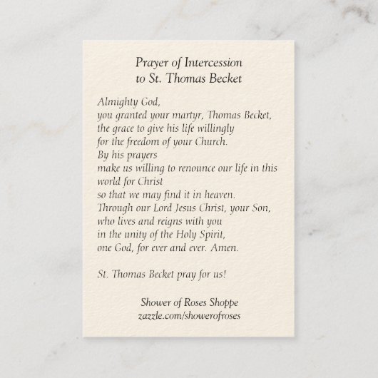 カンタベリーの祈りの言葉の神聖なカードのセントトーマスのベケット 名刺 (裏面)