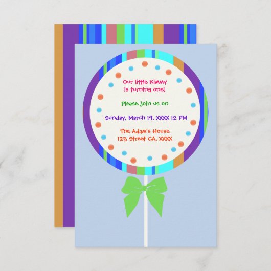 カンディランド棒つきキャンデー誕生日招待状 招待状 (正面/裏面)