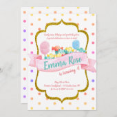 カンディランド金ゴールド水玉模様誕生パーティー 招待状 (正面/裏面)