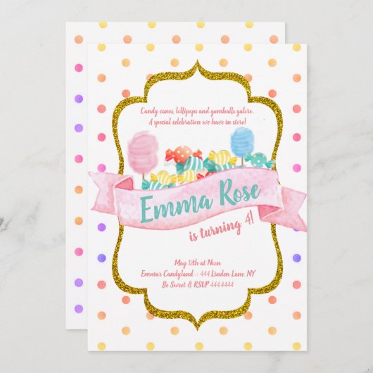 カンディランド金ゴールド水玉模様誕生パーティー 招待状 (正面/裏面)