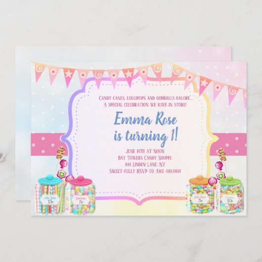 カンディランド·キャンディ·テーマの誕生日パーティー 招待状 (正面/裏面)