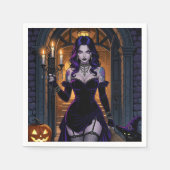 カンデラブラハロウィーンを持つ黒と紫の魔女 スタンダードカクテルナプキン (正面)