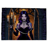 カンデラブラハロウィーンを持つ黒と紫の魔女 ラージペーパーバッグ (裏面)