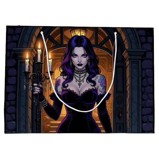 カンデラブラハロウィーンを持つ黒と紫の魔女 ラージペーパーバッグ (裏面)